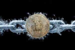 Bitcoin coin breaking out of icy chains, symbolising freedom from traditional banking and the rise of decentralised money.