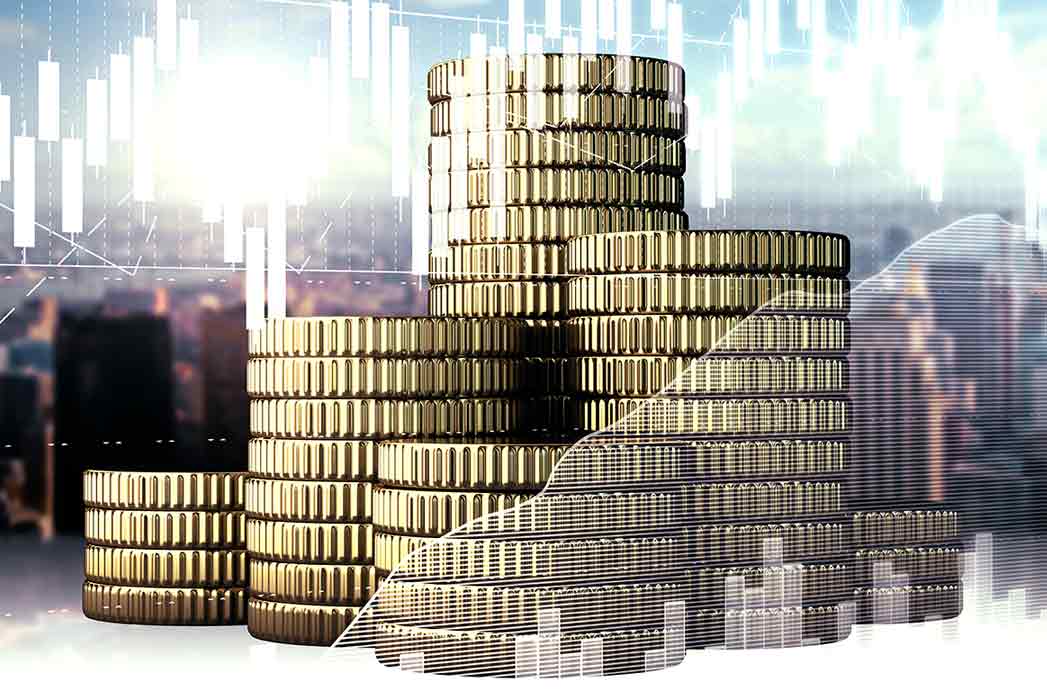 Golden Coins On Abstract City And Business Chart Background. Finance And Forex Concept. Double.