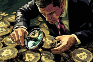 A focused man examining bitcoin coins using a magnifying glass, illustrating the intrigue of cryptocurrency investment.