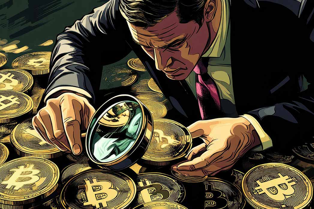 A focused man examining bitcoin coins using a magnifying glass, illustrating the intrigue of cryptocurrency investment.