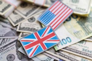 Flag of the United Kingdom stuck on a variety of American banknotes.