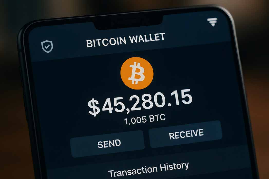 Cryptocurrency bitcoin wallet app showing a high balance in US dollars with send and receive buttons.