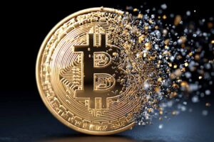 Digital Currency Representing Bitcoin Disintegrating Into Particles on a Black Background Showcasing Technology Evolution.