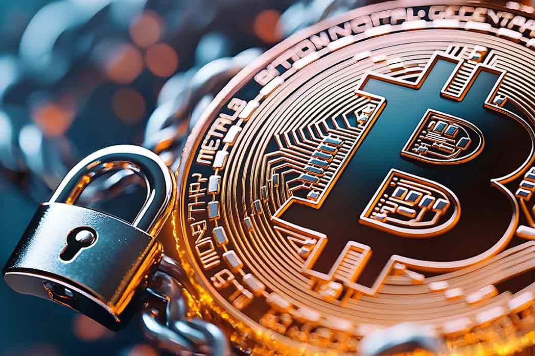 Blockchain symbols forming a glowing circle around a secure bitcoin coin in a digital environment highlighting modern cryptocurrency technology.