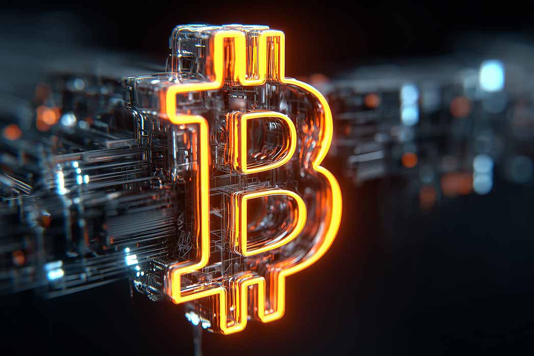 A transparent Bitcoin emblem integrated into a digital structure to illustrate cryptocurrency identity, technological foundation and the concept of modern financial systems. See Less,