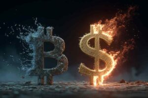 Bitcoin symbol fragmenting and dollar symbol burning, illustrating currency volatility and financial shift.