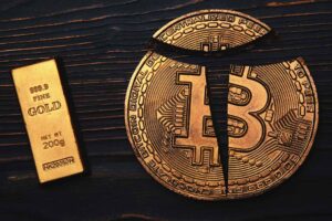Crash Bitcoin And Gold, Problems With Cryptocurrency Close-Up.