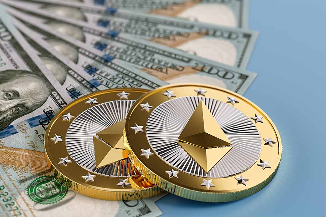 Ethereum Coins and Dollar bills.