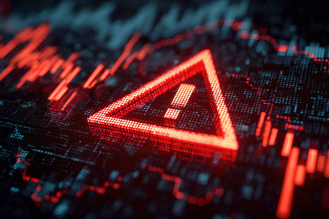 Red warning alert triangle icon over volatile digital financial market chart data.