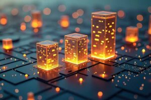 Tokenized Real Estate Background with Glowing Cityscape, Digital Property Blocks Represented, Blockchain-Based Assets.