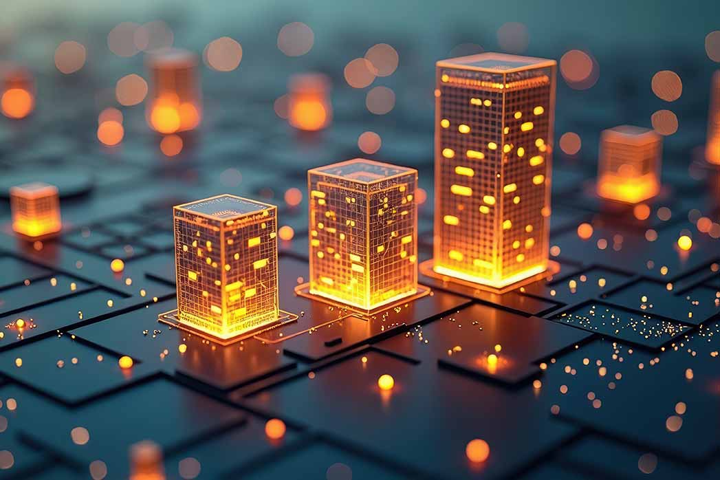 Tokenized Real Estate Background with Glowing Cityscape, Digital Property Blocks Represented, Blockchain-Based Assets.