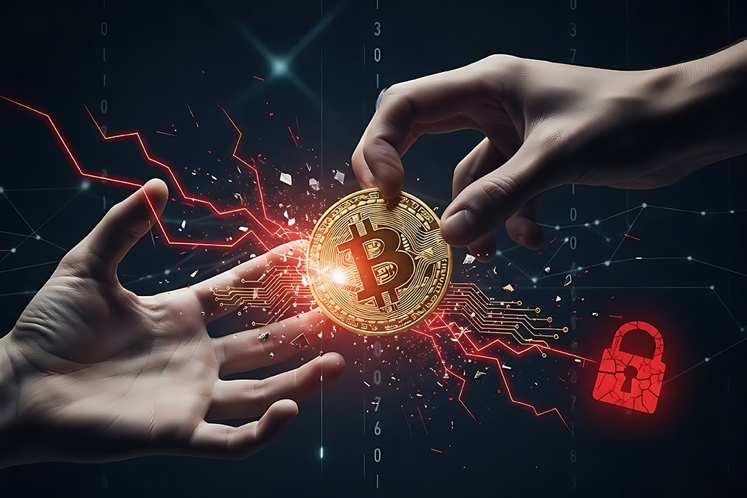 Hands exchanging a glowing Bitcoin with electric sparks.