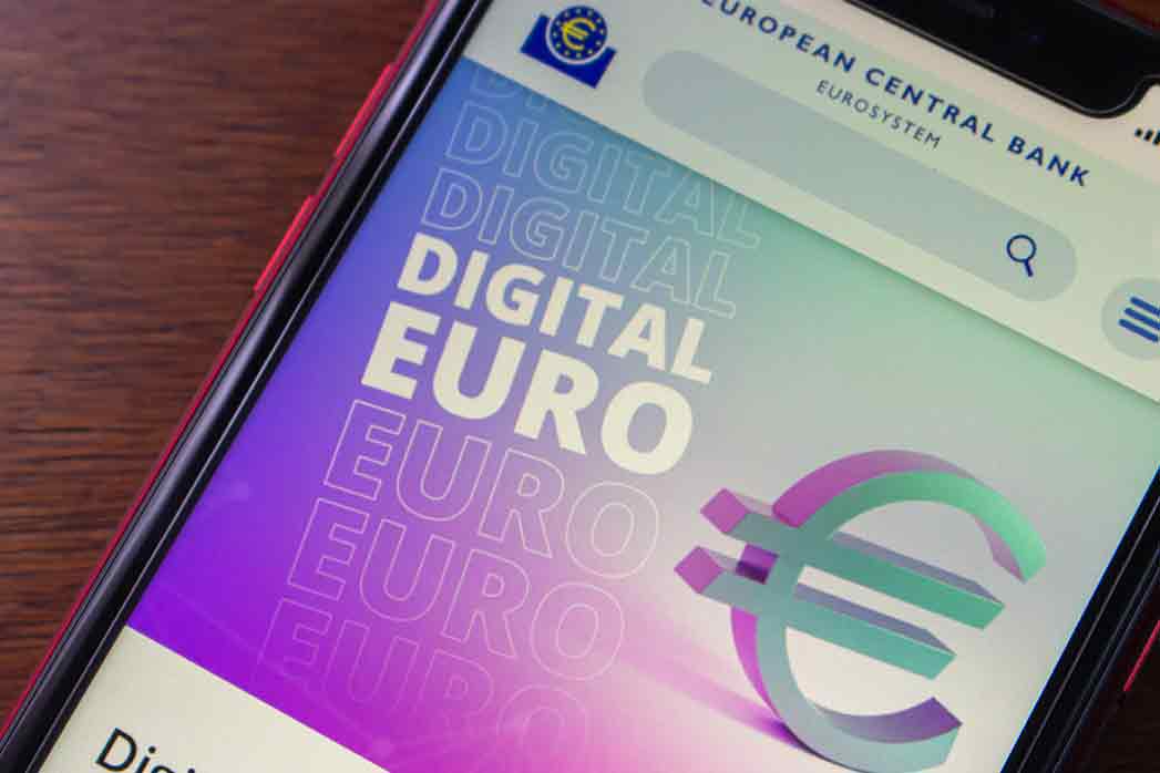 Close-up of a mobile screen displaying the European Central Bank website, highlighting the concept and design of the digital euro.