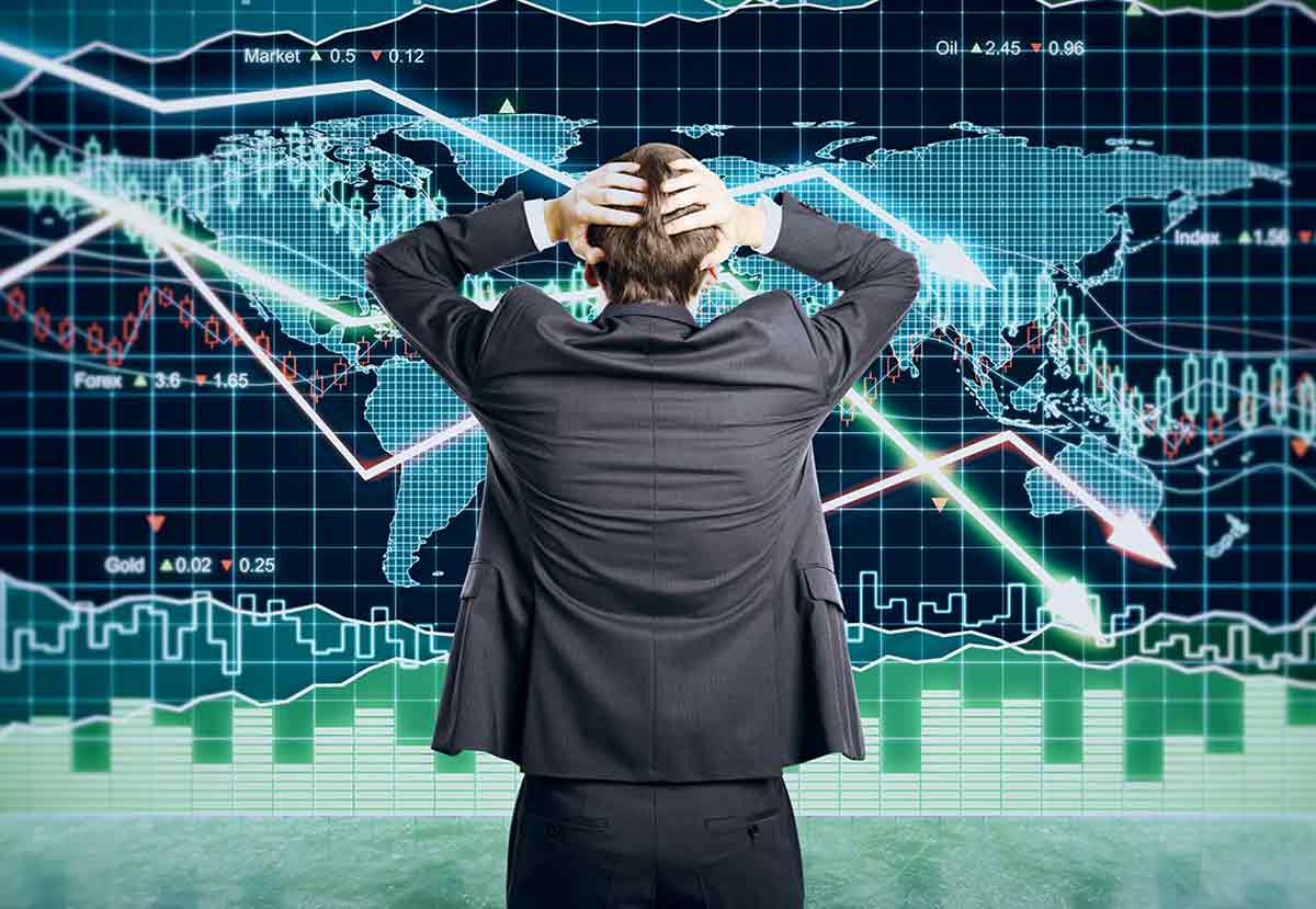 Businessman Grabs The Head Concept With Business Chart On Scoreboard.