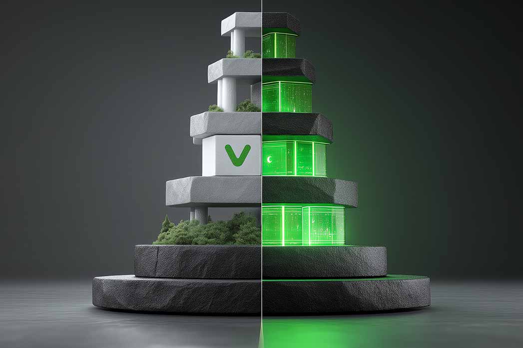3D balance sheet split showing green asset tower versus liabilities blocks, clean divider line, studio lighting detail.