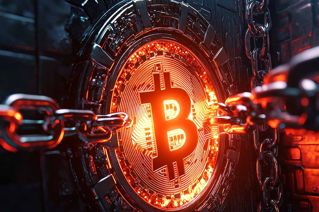 Ransomware attack with chains binding a glowing data vault symbolising bitcoin security, blockchain encryption, cyber protection, and cryptocurrency risk.