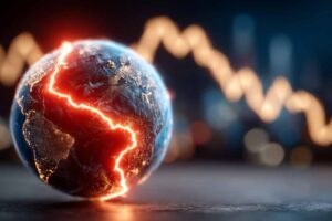 Global Financial Crisis: A stark visual representation of financial turmoil, depicting Earth fractured by glowing fault lines, overlaid with a descending graph.