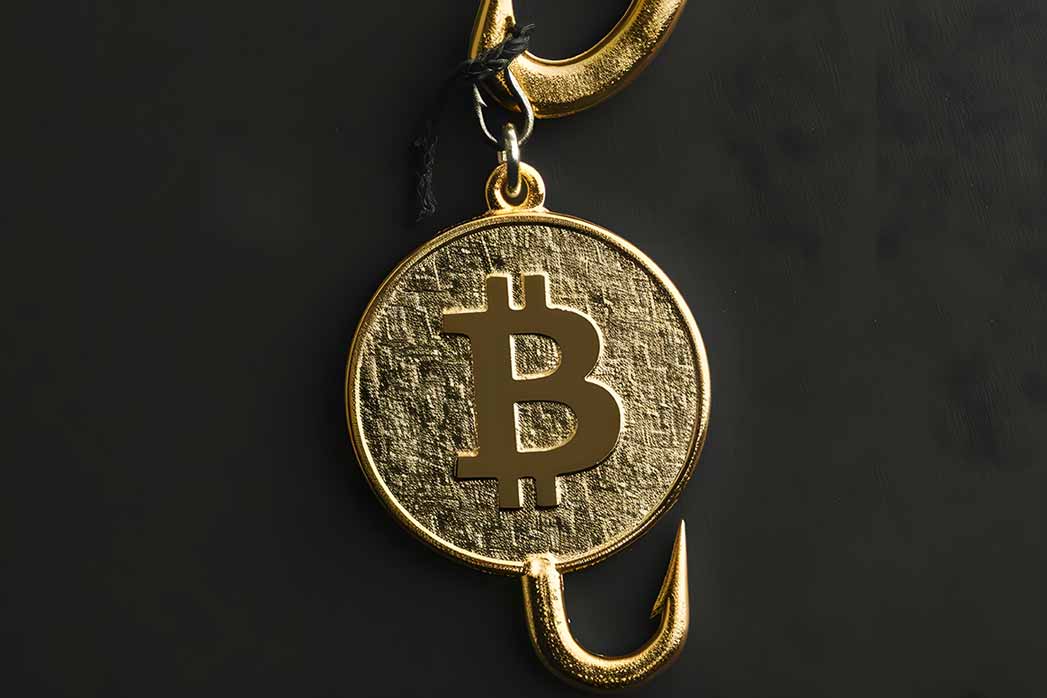 Close-up of a gold Bitcoin coin caught on a fishing hook, highlighting investment risk and cryptocurrency security threats.