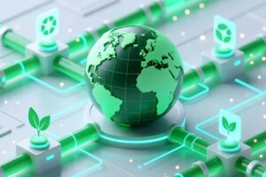 Global Green Fintech 3D conceptual illustration of network on digital infrastructure linking sustainable finance with eco-investment nodes powering future ESG systems.