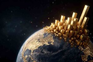 Golden Cityscape on Earth: A conceptual representation of the earth, embellished with a golden cityscape that embodies ambition, economic prosperity, and urban.