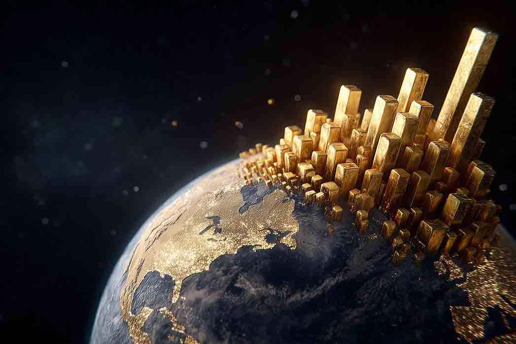 Golden Cityscape on Earth: A conceptual representation of the earth, embellished with a golden cityscape that embodies ambition, economic prosperity, and urban.
