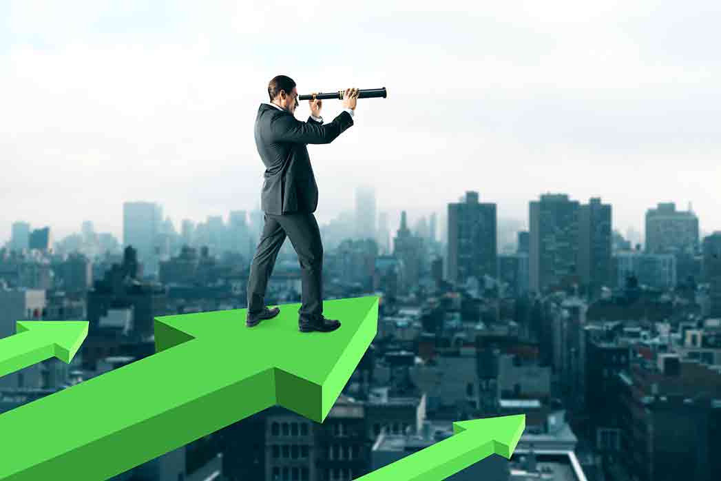 Businessman Standing On Abstract Red Arrows And Using Telescope To Look Into The Distance On City.