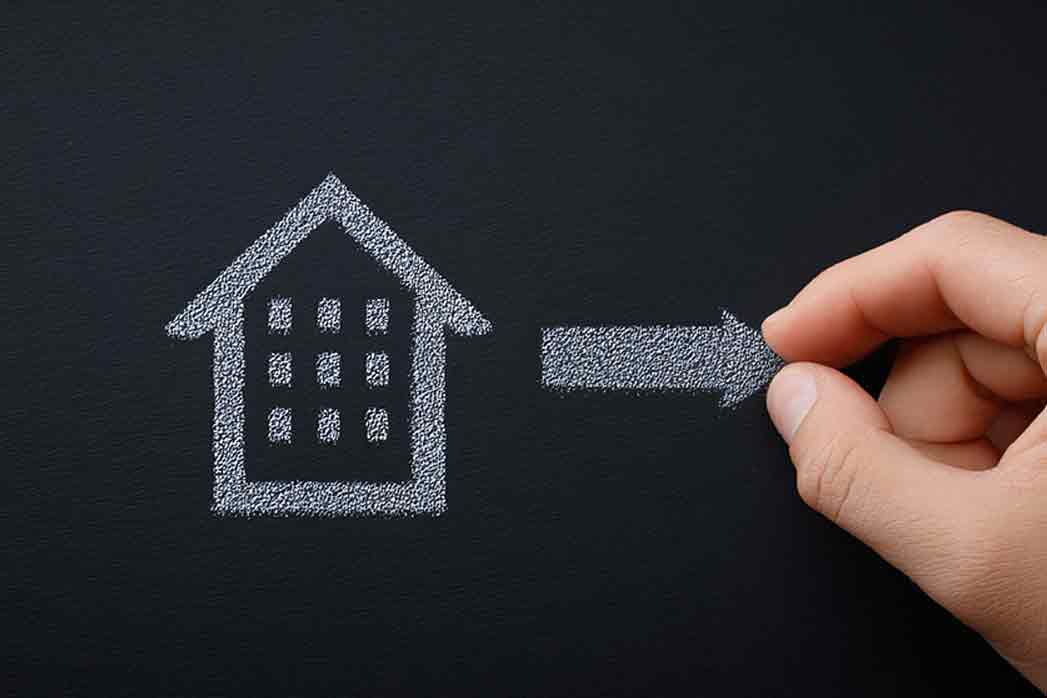 Business Or Real Estate Relocation Concept. Hand Moving An Arrow From A Building Icon. Planning A Career Development Path Or New Housing Investment.