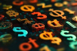 Currency exchange, digital symbols of global currencies.