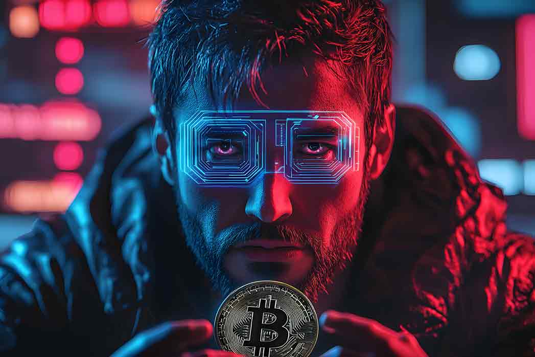 A serious man stares ahead with digital glasses holding a bitcoin with red and blue lights in the background in a futuristic scene.