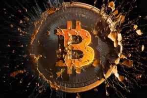 Bitcoin illustration as gold coins. Symbol and Bitcoin logo on coins, which crumbles easily. Earning money with Bitcoin - wealth as a comparison with gold treasures.