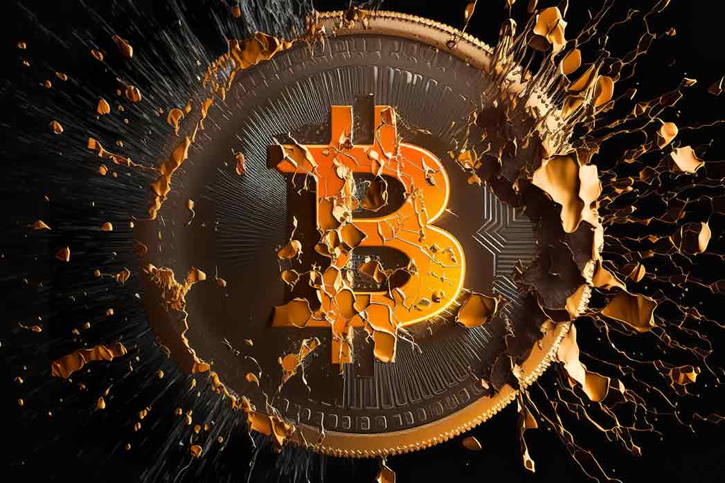 Bitcoin illustration as gold coins. Symbol and Bitcoin logo on coins, which crumbles easily. Earning money with Bitcoin - wealth as a comparison with gold treasures.