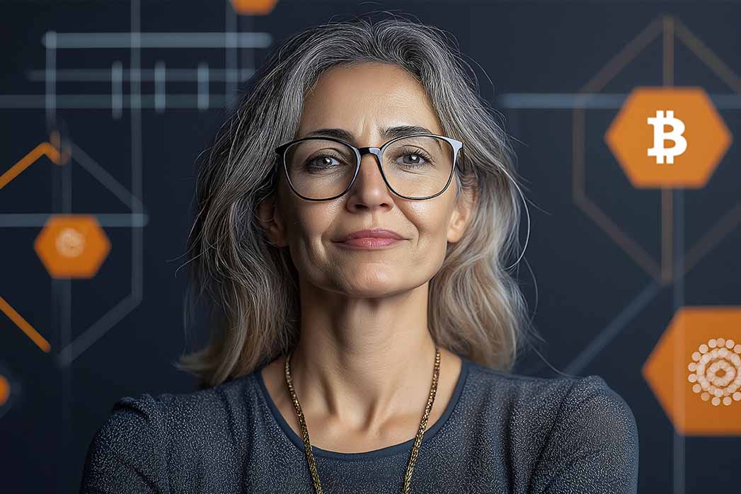 A blockchain protocol architect explains complex cryptographic formulas and blockchain visualizations in a modern conference room while dressed in smart casual attire.