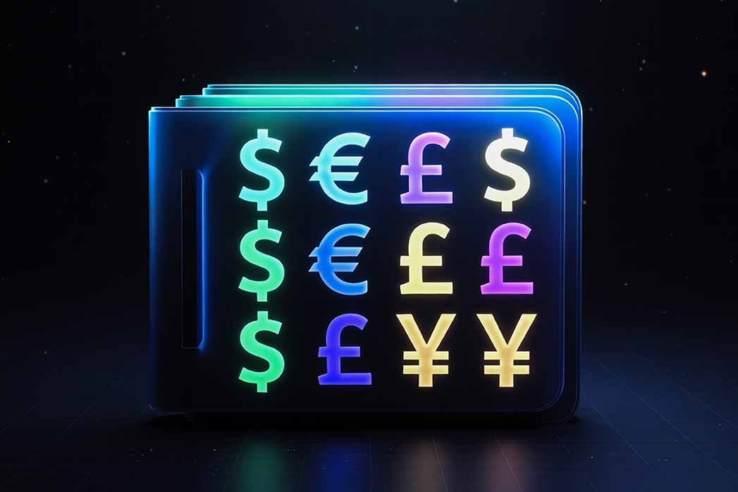 A glowing wallet displays currency symbols in vibrant colours against a dark, starry background.