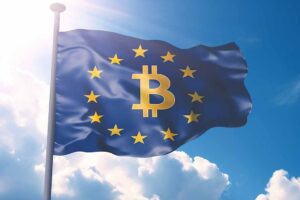 Flag of European Union with Bitcoin logo
