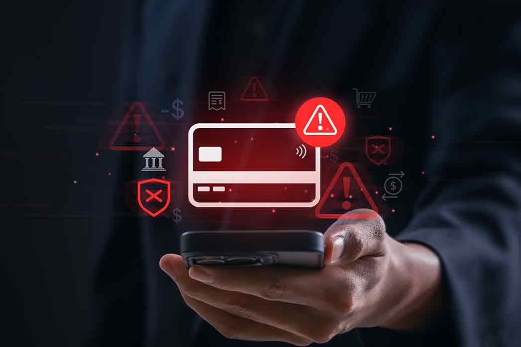 Online payment fraud detection and cybersecurity threat alert concept person using smartphone, blocked credit card transaction warning and digital banking security system to prevent financial scam.