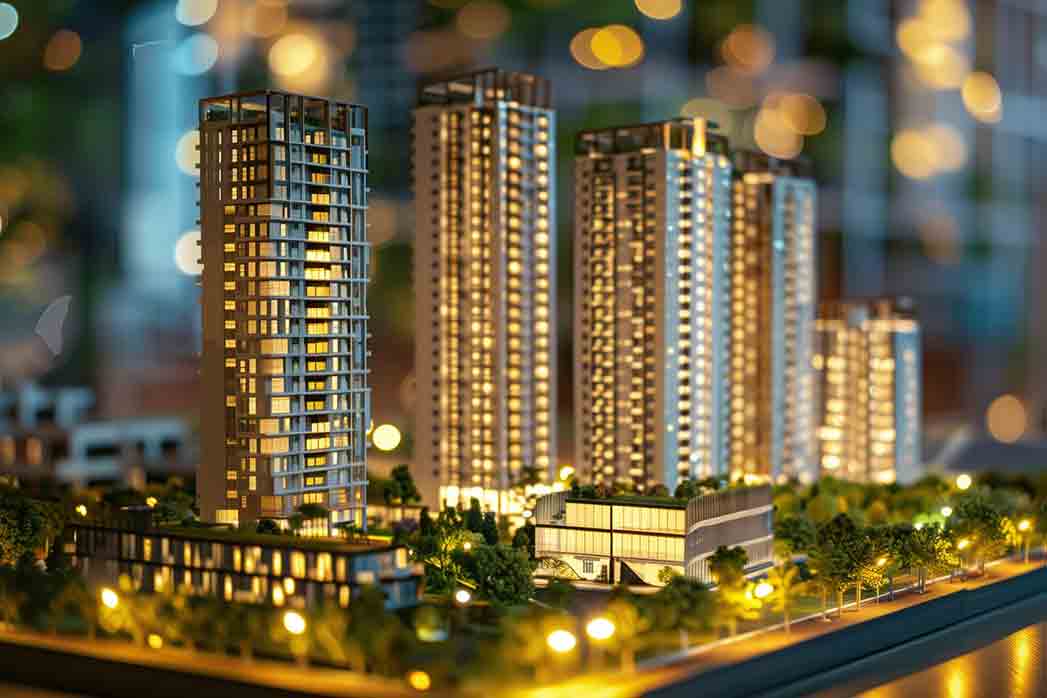 Business meetings of real estate brokers and company presidents to select a model to build a housing estate.