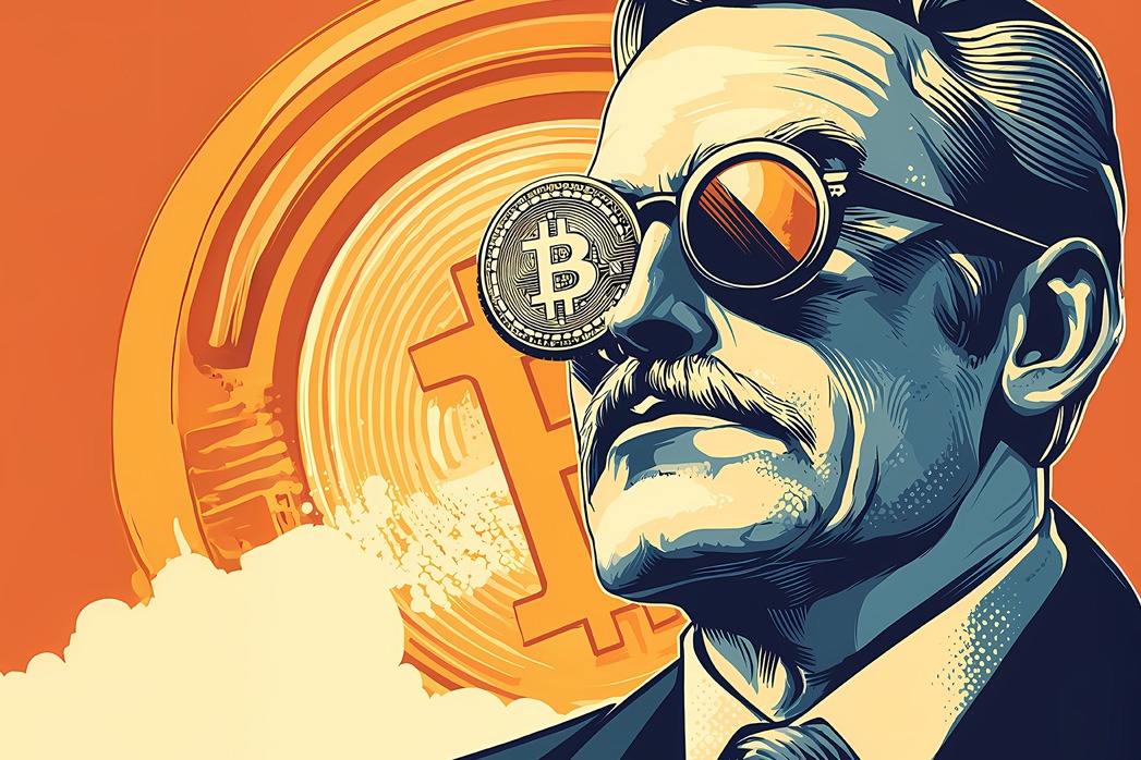 Mature businessman wearing sunglasses, with a bitcoin coin reflecting confidence, leadership, and digital financial vision.
