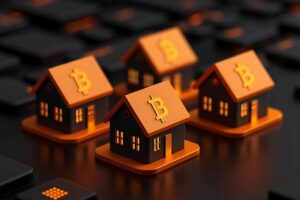 Miniature houses with bitcoin symbols sit on a keyboard, illustrating cryptocurrency in real estate and digital assets.