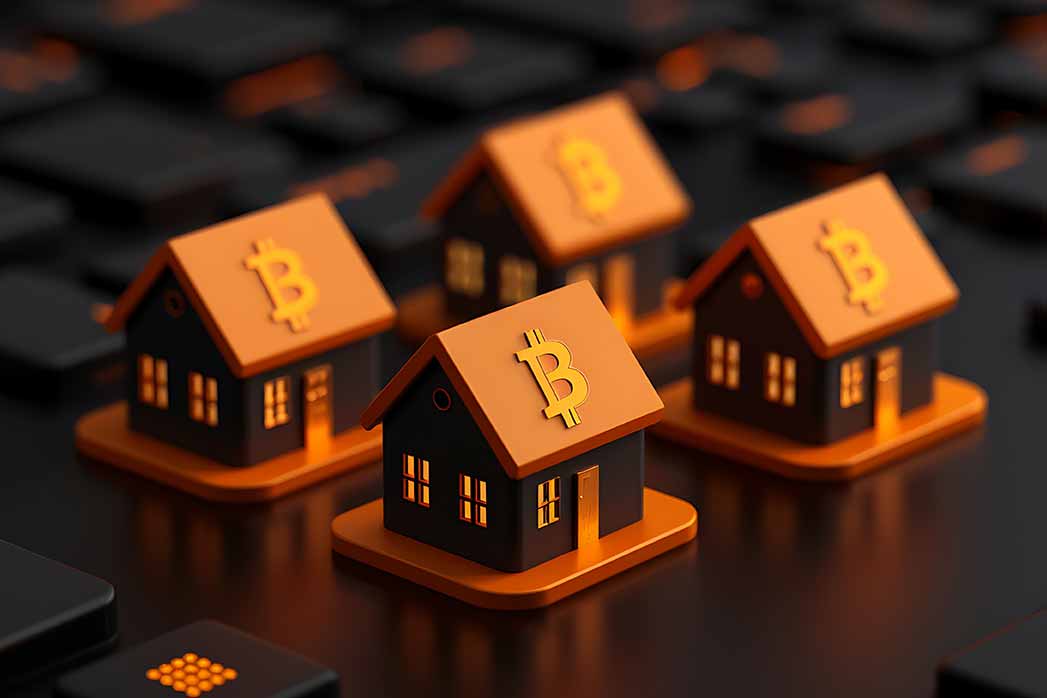 Miniature houses with bitcoin symbols sit on a keyboard, illustrating cryptocurrency in real estate and digital assets.