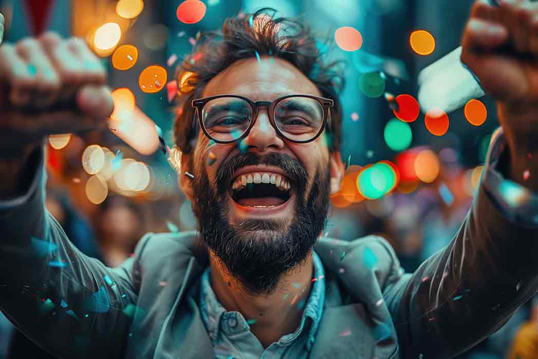 Financial exchange. A person is happy about the fall/rise of shares. Crypto traders, investors, analysts, and brokers analyse stock market charts. Stock trading.