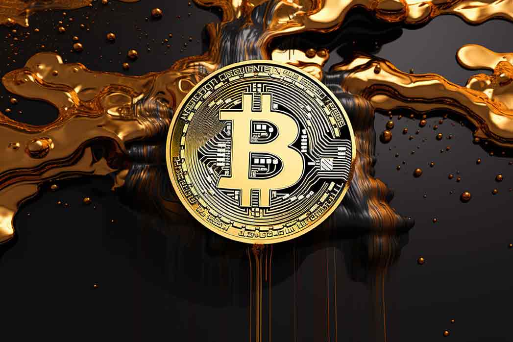 Generative AI, Bitcoin with golden yellow and black liquid, a digital cryptocurrency coin. Mining or blockchain technology.