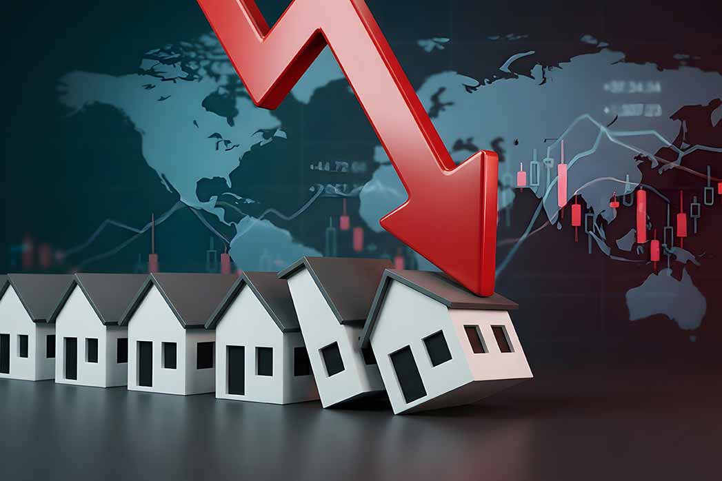 global real estate market crash, with a red downward arrow hitting miniature houses over financial stock market charts and a world map representing economic recession and property.