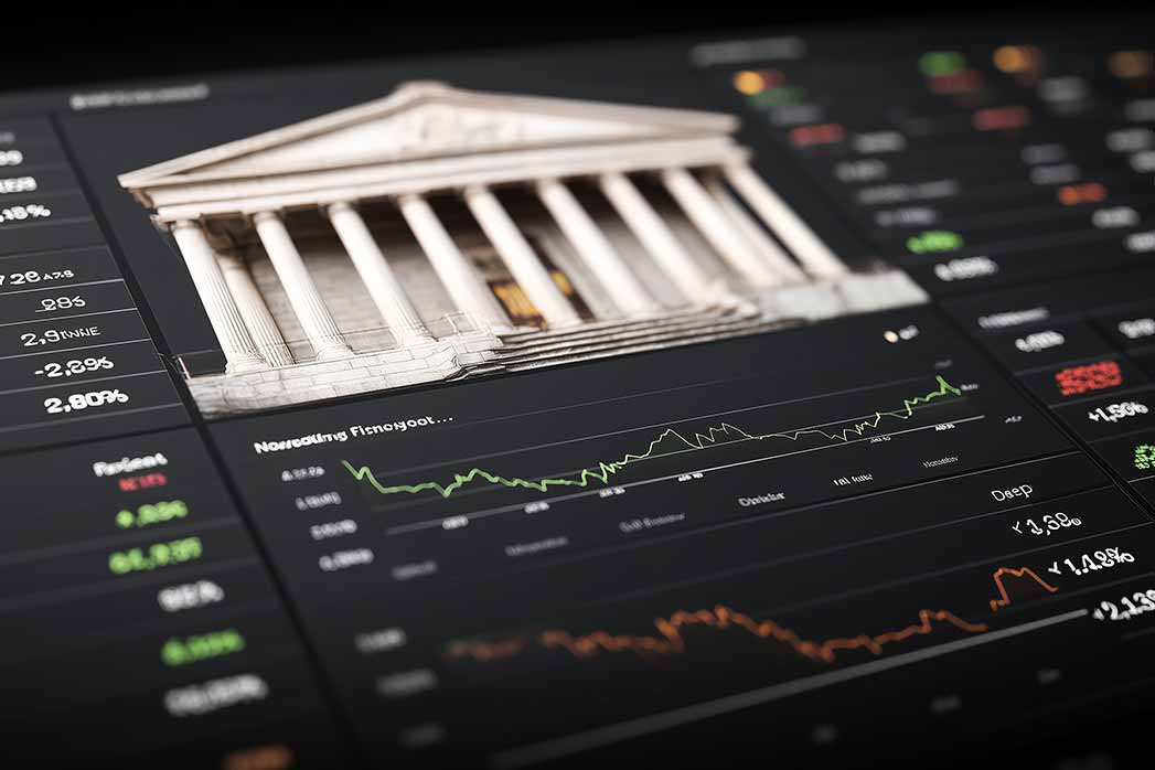 A financial interface displaying institutional architecture blended with market charts, symbolising economic activity, policy impact and global financial behaviour.