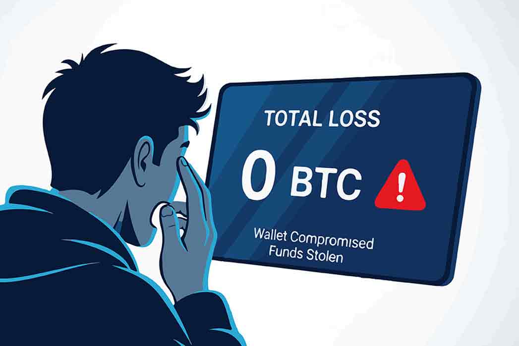 A person reacts in dismay to a screen displaying total crypto loss and stolen funds.