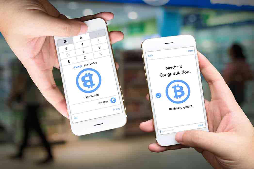 Peer-to-peer (P2P) money transfer, electronic payment, Mobile payment, and e-commerce concept. Hands holding a mobile application for sending and receiving money with a retail store background.