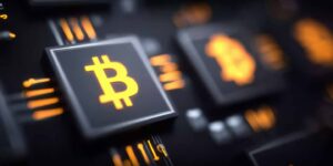 blockchain gold token: a floating golden token with embedded blockchain circuitry, futuristic digital economy.