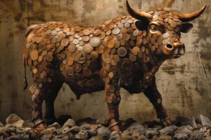 A bull made out of bitcoin, symbolising money gain in the cryptocurrency market.