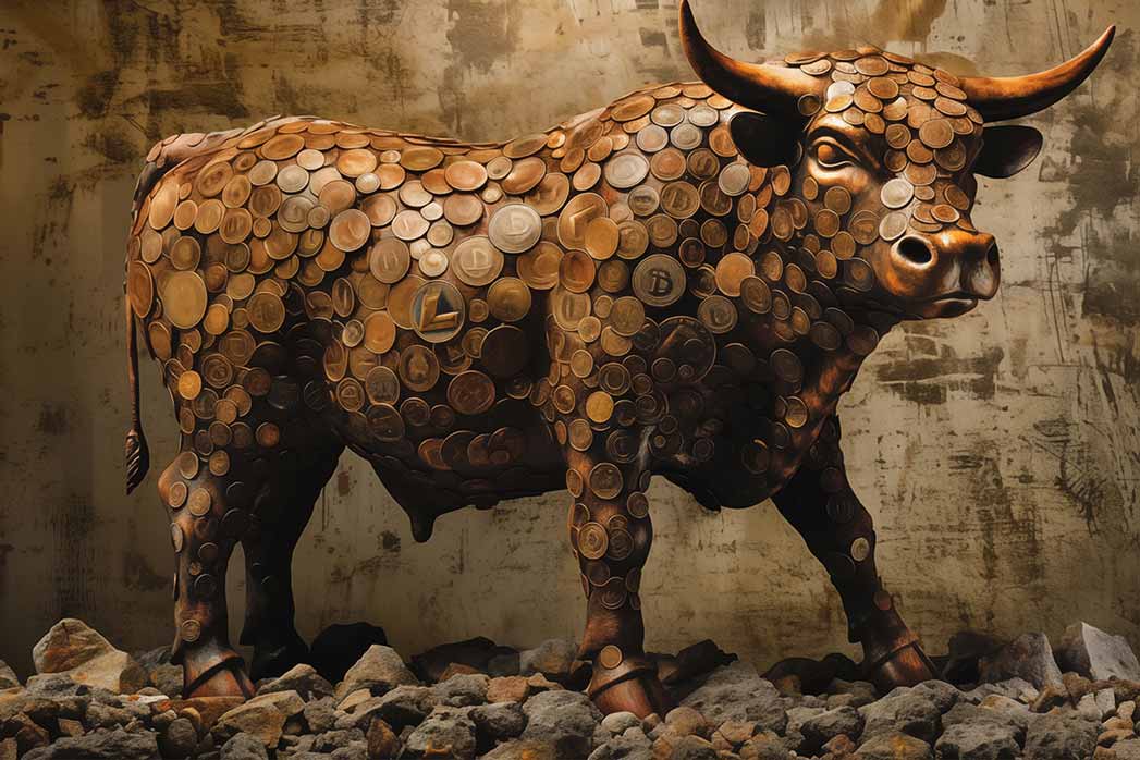 A bull made out of bitcoin, symbolising money gain in the cryptocurrency market.