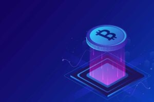 Crypto mining concept-based isometric design with 3D bitcoin between emerging rays on a blue background.
