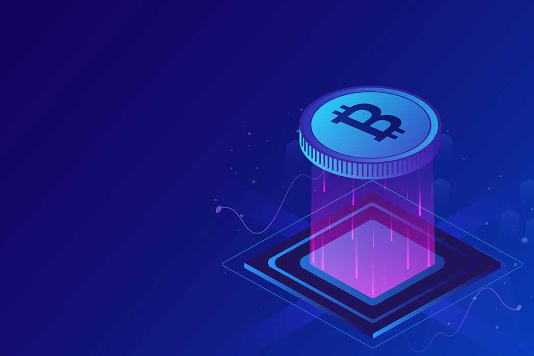 Crypto mining concept-based isometric design with 3D bitcoin between emerging rays on a blue background.